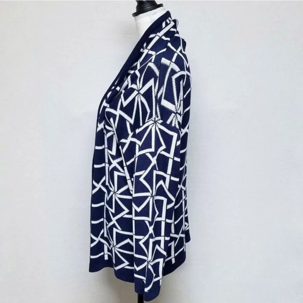60s Vintage Dalton Blue White Geometric Print Union ILGWU Open Front Cardigan M
